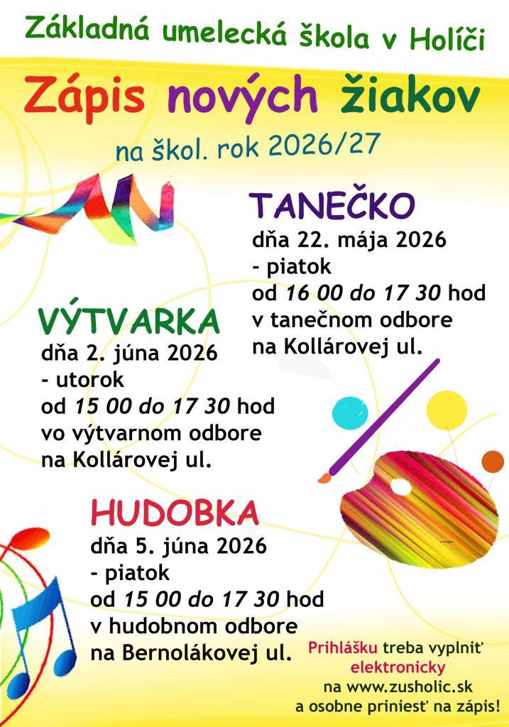 Pozývame predškolákov a nových žiakov na zápis do našej ZUŠ. Príďte a ukážte nám, aký talent deti v sebe skrývajú...   Viac informácii na www.zusholic.sk