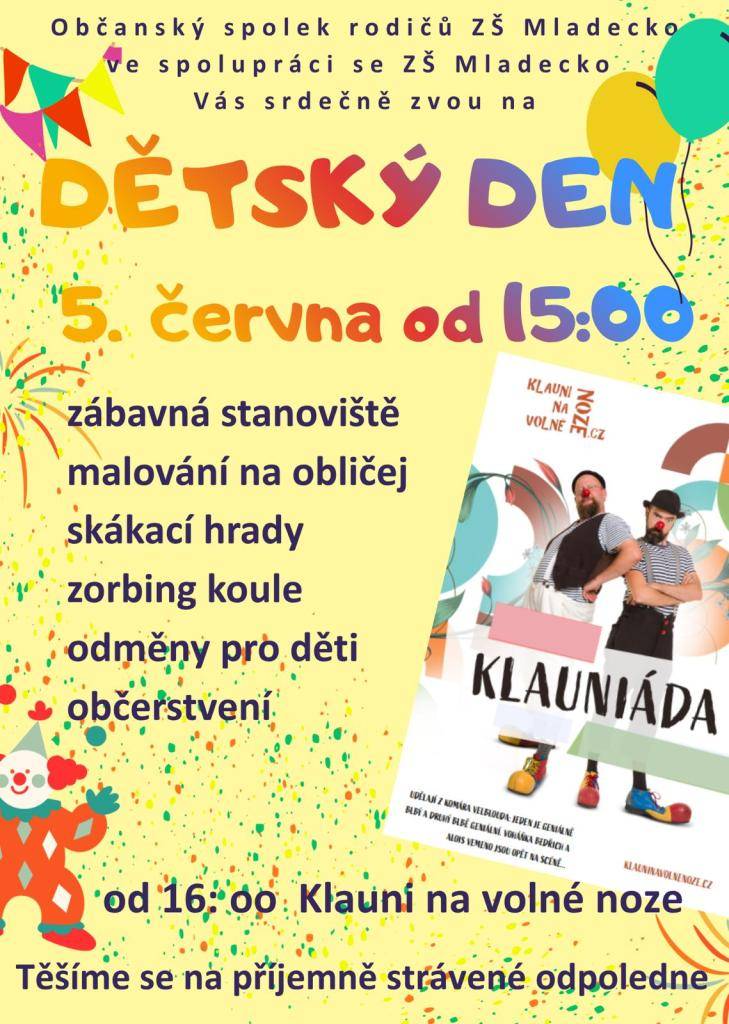 Spolek rodičů ve spolupráci se ZŠ Mladecko pořádá 05.06.2026 Dětský den.
