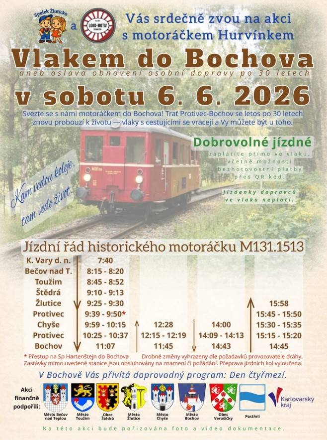 Kam vedou koleje, tam vede život. Svezte se historickým motoráčkem „Hurvínek“ (M131.1513) a buďte u toho, když se trať Protivec–Bochov po třech dekádách znovu probudí k životu!