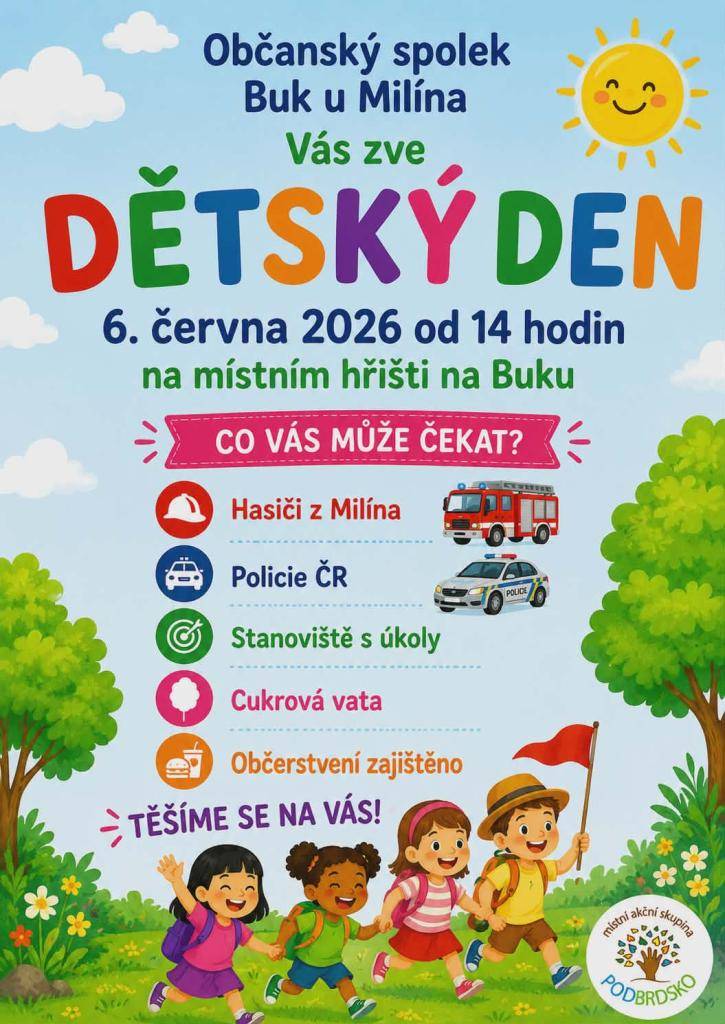 Občanský spolek Buk u Milína Vás srdečně zve na dětský den. Více info na plakátu.