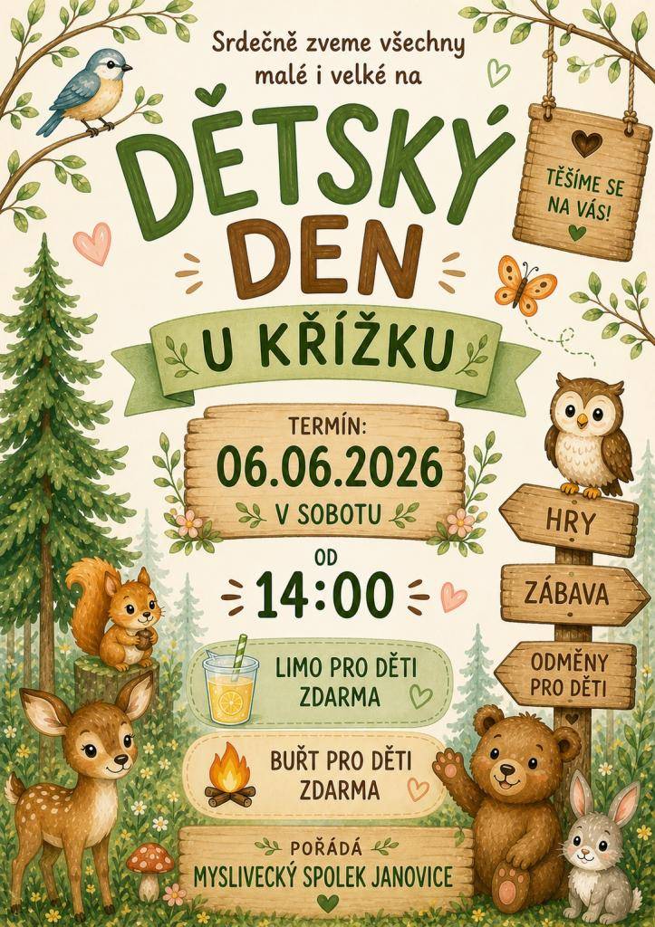 Myslivecký spolek Janovice–Rudník srdečně zve všechny malé i velké na DĚTSKÝ DEN U KŘÍŽKU!