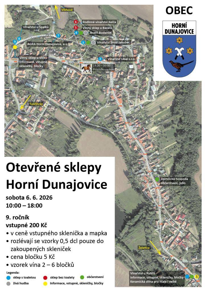 Otevřené sklepy Horní Dunajovice 6.6.2026 od 10:00 do 18:00 hodin. Vstupné 200,- Kč.
