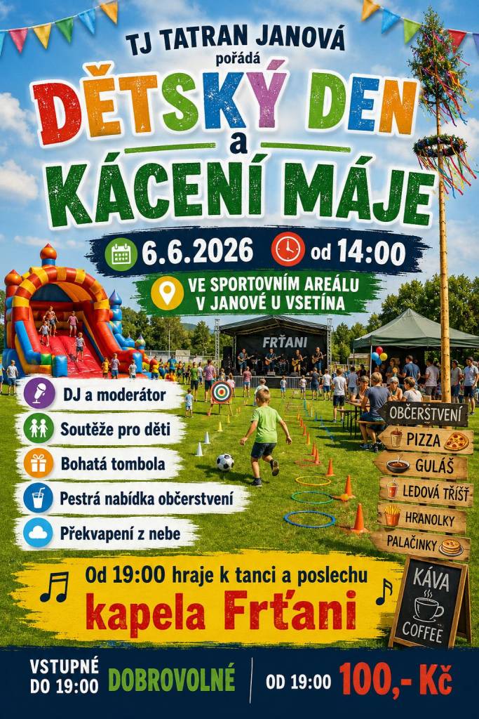 TJ Tatran Janová vás srdečně zve na tradiční akci, která potěší malé i velké! Přijďte si užít pohodové odpoledne plné zábavy, dobrého jídla a hudby. Děti čekají soutěže a spousta zábavy, součástí akce je také bohatá tombola.