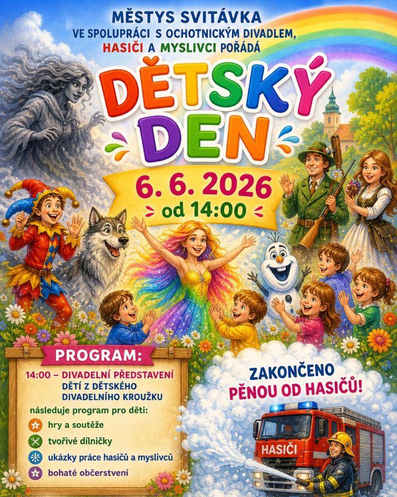 Městys Svitávka vás srdečně zve na program pro děti, který se koná ve spolupráci s ochotnickým divadlem, hasiči a myslivci. Na děti čekají hry a soutěže, tvořivé dílničky a ukázky práce hasičů a myslivců, doplněné bohatým občerstvením.