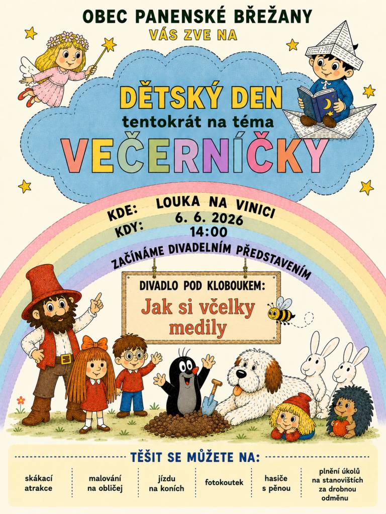 Dětský den na Vinici bude letos s večerníčkovou tematikou. Začínáme ve 14.00 divadelním představením Divadla pod kloboukem. Dále na Vás čekají hravá stanoviště s odměnou na konec, fotokoutek, jízdy na koních, skákací hrad a na závěr pěna od hasičů. Po celý den na místě občerstvení.