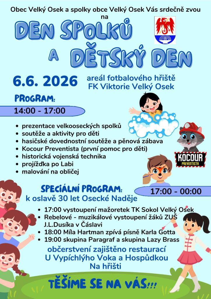 Zveme vás na Den spolků a dětský den, který se uskuteční 6.6.2026 od 14:00 do 17:00 v areálu fotbalového hřiště FK Viktorie Velký Osek.