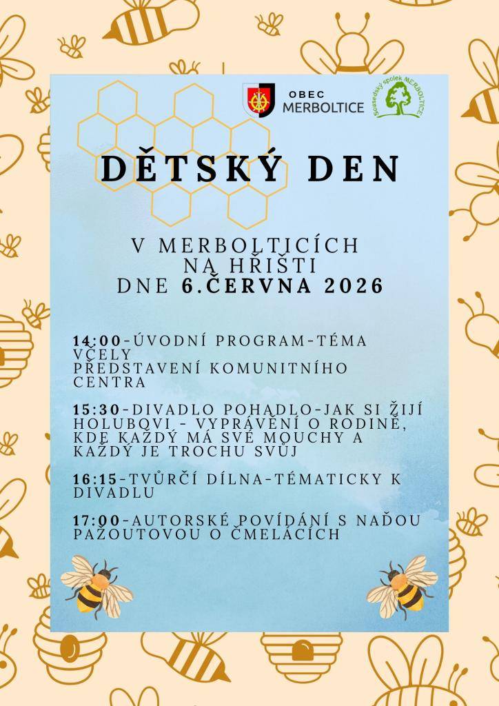 Oslava Dne dětí na hřišti v Merbolticích.  Sobota 6.6.2026 od 14:00 hod.