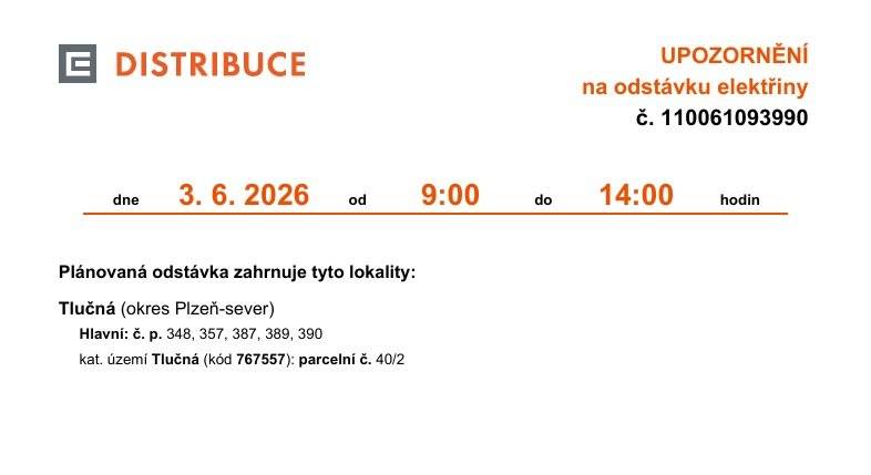 Ve středu 3. 6. 2026 od 9:00 do 14:00 bude v částech obce uvedených níže probíhat plánovaná odstávka elektřiny.