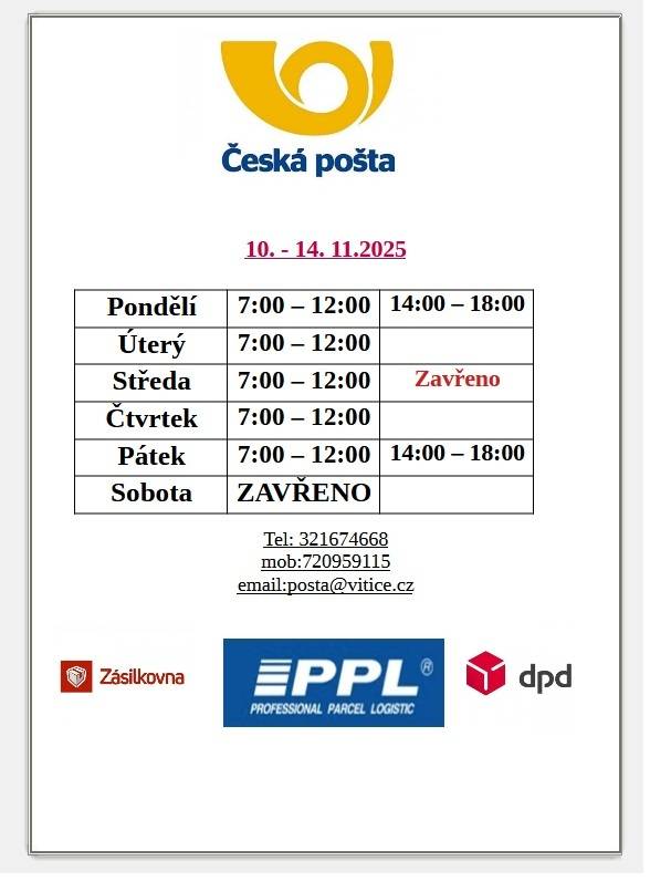 POŠTA PARTNER VITICE - AKTUÁLNÍ ZMĚNY