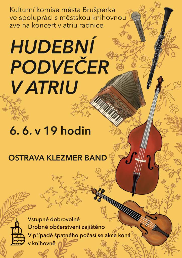 Kulturní komise a městská knihovna Brušperk srdečně zvou na koncert v atriu radnice:  Ostrava KLEZMER BAND 6.6.2026 od 19.00 hodin.