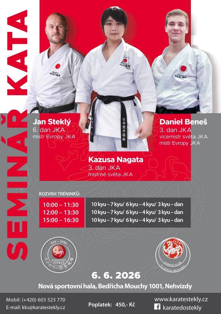 Zájemci se mohou přihlásit na seminář v karate, který se koná 6. 6. 2026 ve sportovní hale Nehvizdy, Bedřicha Mouchy 1001. Více najdete v příloze.