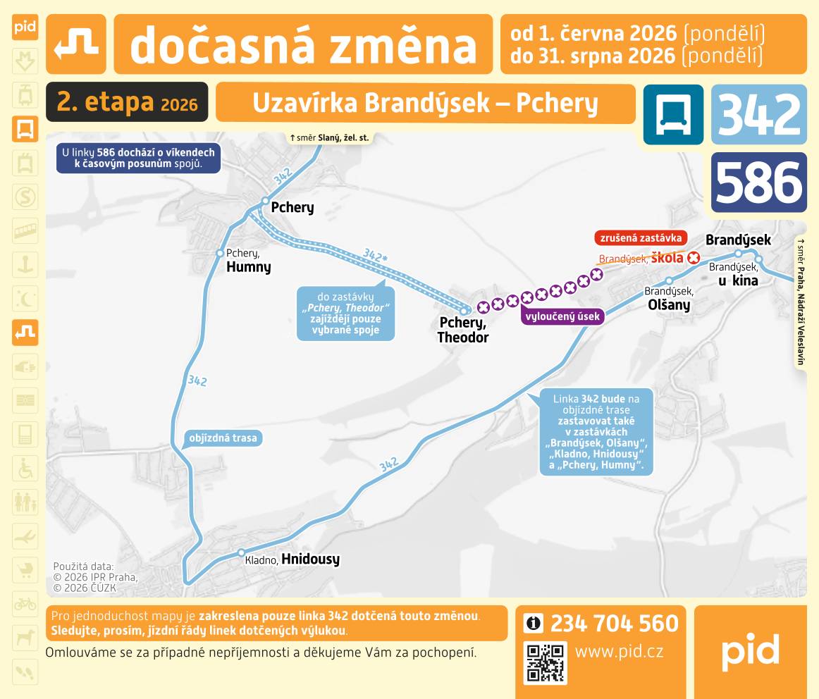 od zahájení provozu dne 01.06.2026 od ukončení provozu dne 31.08.2026  Zřizuje se: Brandýsek, Olšany - v pravidelné zastávce linky 620, Pchery, Humny - v pravidelné zastávce linky 626  Kladno, Hnidousy – v pravidelné zastávce linky 620  Ruší se: Brandýsek, Škola – obousměrně pro linku 342