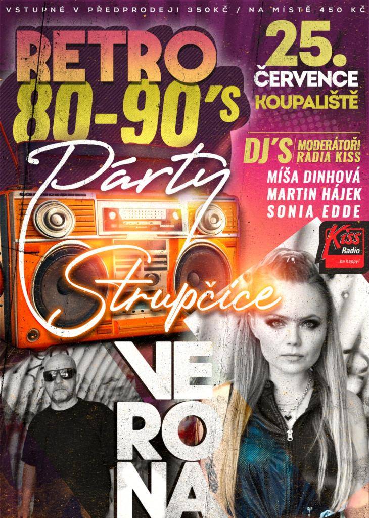 Obec Strupčice Vás zve dne 25.07.2026 od 20:00 na koupaliště na Retro párty s Veronou.