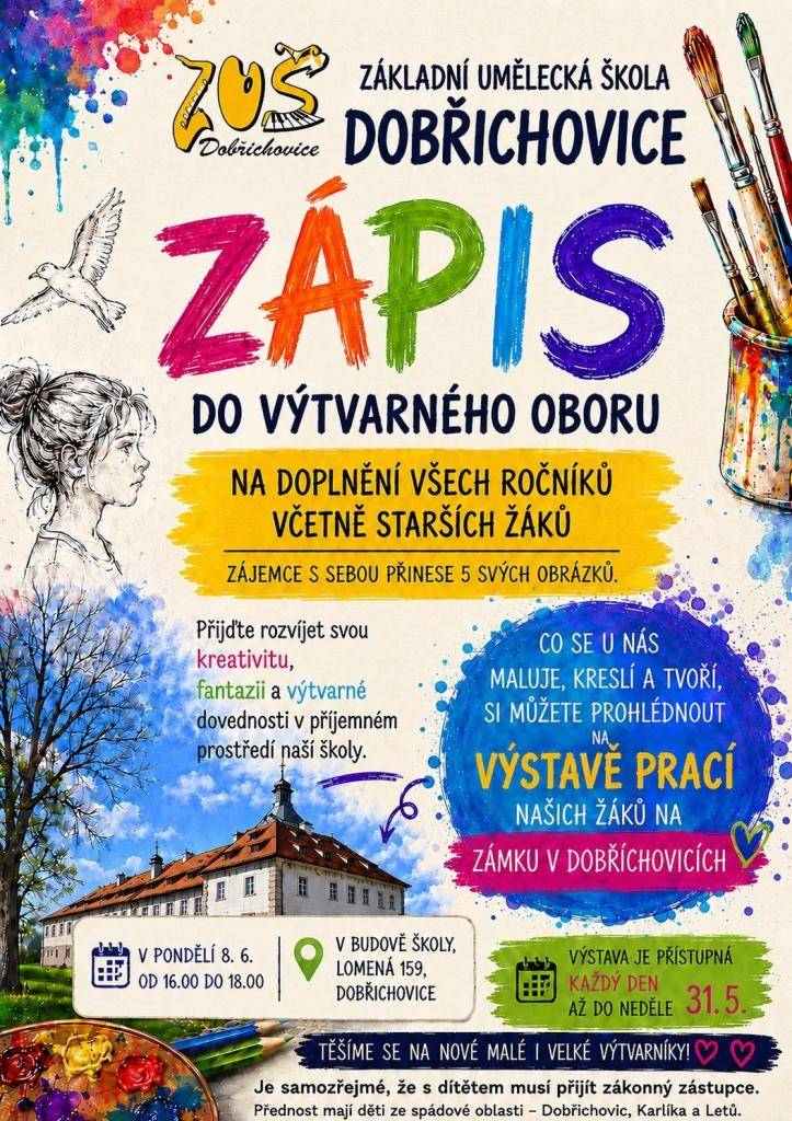 Zápis do výtvarného oboru na doplnění všech ročníků včetně starších žáků. Zájemce s sebou přinese 5 autorských obrázků.