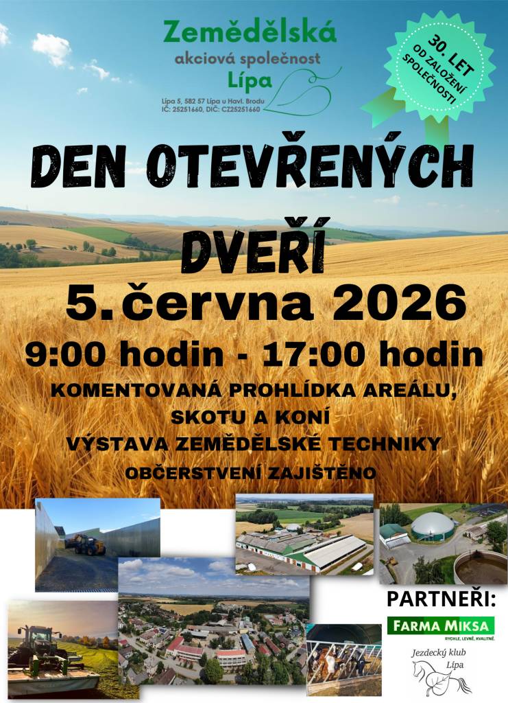 Zemědělská akciová společnost Lípa zve na DEN OTEVŘENÝCH DVEŘÍ, který se bude konat 5.6.2026 od 9:00 do 17:00 hodin.
