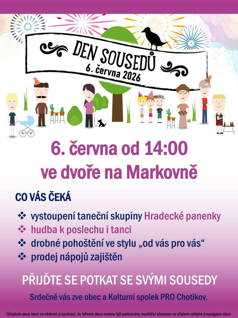 Obec Chotíkov a Kulturní spolek PRO Chotíkov srdečně zvou občany na Den sousedů, který se uskuteční v sobotu 6. června 2026 od 14:00 ve dvoře na Markovně. Návštěvníci se mohou těšit na vystoupení taneční skupiny Hradecké panenky, hudbu k poslechu i tanci i drobné občerstvení.