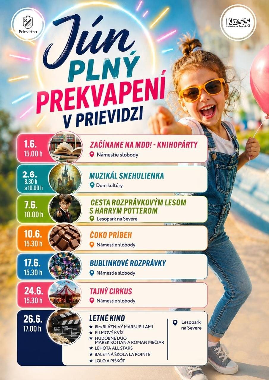 Mesto Prievidza pripravilo na jún bohatý program plný zábavy, fantázie a nezabudnuteľných zážitkov pre deti aj dospelých. Námestie slobody, Lesopark na Severe aj Dom kultúry Prievidza sa počas celého mesiaca stanú dejiskom rozprávkových predstavení, hudobných vystúpení, tvorivých aktivít, bublinových šou a filmových večerov. 📚 KNIHOPÁRTY otvorí júnové podujatia Program odštartuje v nedeľu 1. júna veľkolepá KNIHOPÁRTY pri príležitosti Medzinárodného dňa detí. Od 15.00 h sa Námestie slobody premení na svet príbehov a fantázie, ktorý pripravia Mestská knižnica Mikuláša Mišíka a Čarovňa – malé ruky, veľké nápady. Návštevníkov čakajú vystúpenia SZUŠ XOANA, pesničková show Čarovná Cezmína, dobrodružná výprava za zvieratkami, tvorivé dielničky, maľovanie na tvár, balóniky, cukrová vata a množstvo ďalších atrakcií. 🎭 Snehulienka v Dome kultúry V pondelok 2. júna zavíta do Domu kultúry Prievidza obľúbený muzikál Snehulienka. Predstavenie sa uskutoční v dvoch termínoch – o 8.30 h a 10.00 h – pre žiakov základných škôl. ⚡ Lesopark ovládne svet Harryho Pottera Jedným z vrcholov júnového programu bude podujatie Cesta rozprávkovým lesom s Harrym Potterom, ktoré sa uskutoční v sobotu 7. júna od 10.00 h v Lesoparku na Severe. Lesopark sa na jeden deň zmení na čarodejnícky svet plný kúziel, rozprávkových bytostí a dobrodružstiev. Deti si budú môcť vyskúšať metlobal, objaviť tajomstvá kúziel a na záver absolvujú slávnostné pasovanie za čarodejníkov. Súčasťou programu budú aj Sokoliari Aquila Bojnice, bublinová show Mr. Bubble, vystúpenie klauna a kúzelníka Slíža či obľúbené Spievankovo. Návštevníci sa zároveň pokúsia o zápis do Slovenských rekordov v čarodejníckom metlobale. Stredy budú patriť rozprávkam Počas júna sa každú stredu na Námestí slobody uskutočnia interaktívne rozprávkové popoludnia pre deti, ktoré pripravili Mestská knižnica Mikuláša Mišíka a Čarovňa – malé ruky, veľké nápady. Program ponúkne:  10. júna – Čoko príbeh, 17. júna – Bublinkové rozprávky,  24. júna – Tajný cirkus🎪  🎬 Letné kino otvorí filmový večer v Lesoparku Záver mesiaca bude patriť otvoreniu Letného kina. V piatok 26. júna od 17.00 h ožije Lesopark na Severe filmovou a hudobnou atmosférou. Návštevníci sa môžu tešiť na premietanie filmu Bláznivý Marsupilami, vystúpenie dvojice Lolo a Piškót, baletnej školy La Pointe Prievidza, koncert detí z Lehota All Stars, filmový kvíz aj hudobné vystúpenie Mareka Kotiana a Romana Mečiara. Spojenie filmu, hudby a príjemnej letnej atmosféry vytvorí ideálny priestor na spoločné stretnutia a rodinné zážitky. ℹ️ Kde nájdete viac informácií? Kompletný program podujatí nájdete na samostatných plagátoch a na webovej stránke www.kasspd.sk.