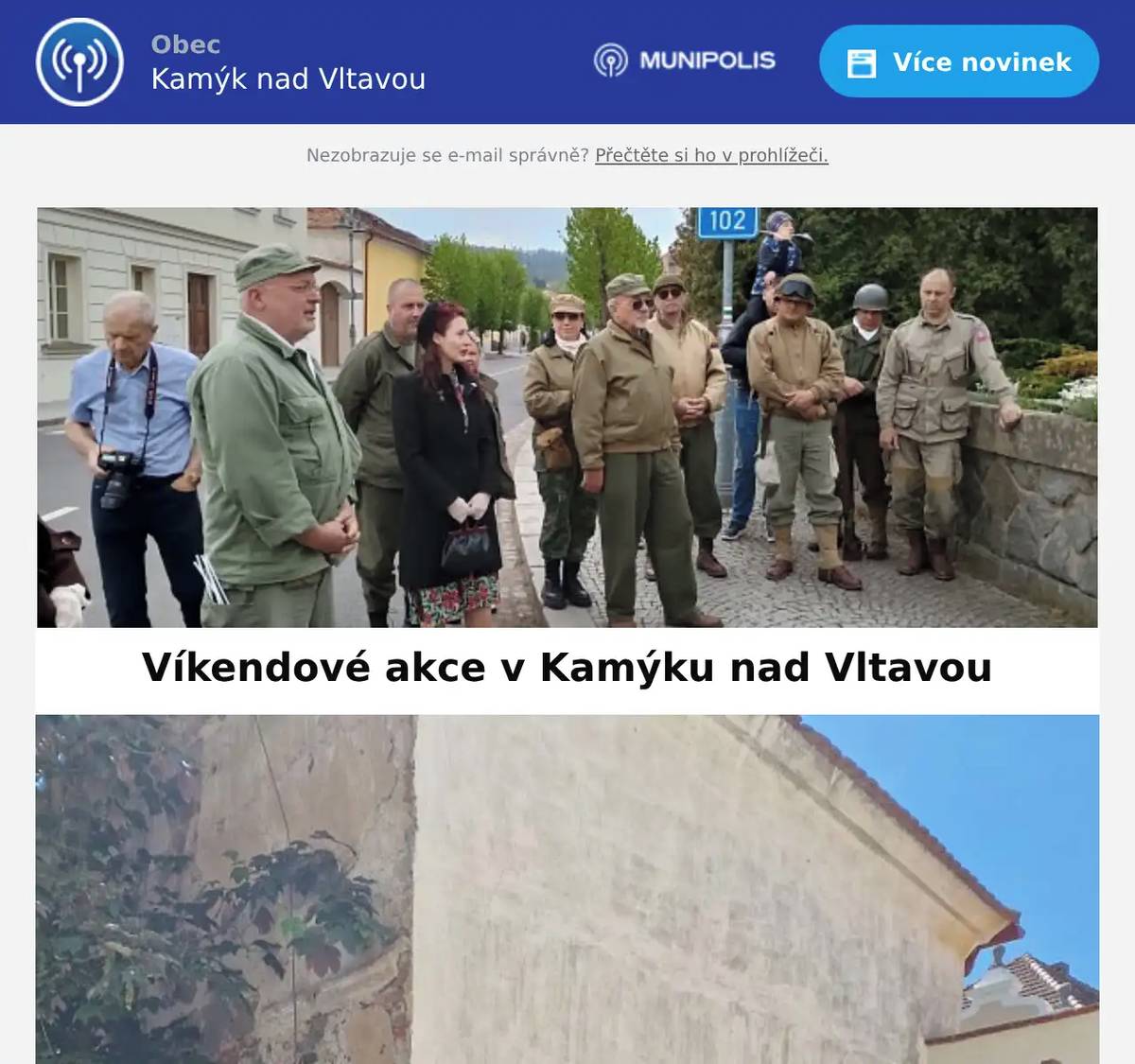 Dobrý den, srdečně zveme na víkenodvé akce v Kamýku nad Vltavou. - 29.5. Noc kostelů - 30.5. Pohádkový les okol kamýckého hradu - 31.5. Strach má velké oči, divadelní pohádka  Fotky jsou ze slavnostního otevření fary a z uctění památky osvoboditelů. S úctou Petr Halada 