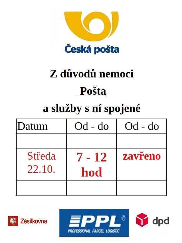 STŘEDA 22.10.2025 OD 7:00 DO 12:00, ODPOLEDNE ZAVŘENO