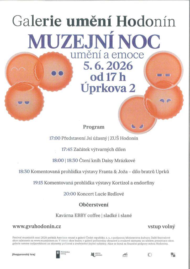 Muzejní noc s názvem "Umění a emoce" se koná 5. 6. od 17:00 hodin v Galerii umění v Hodoníně. Vstup na tuto akci je zdarma a je určena pro všechny milovníky umění. Občerstvení zajištěno.