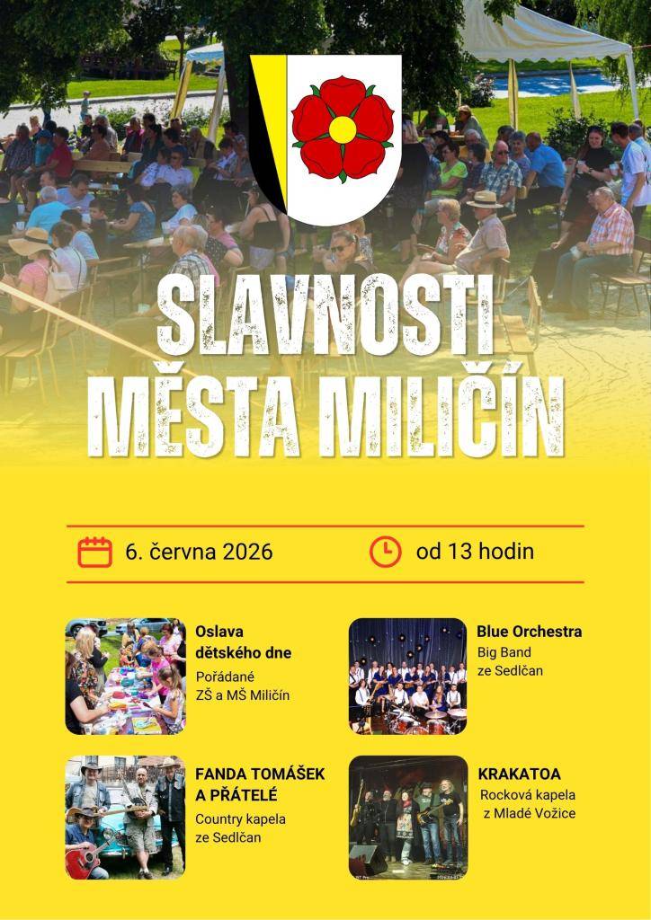 Tradiční slavnosti města Miličín se uskuteční v sobotu 6. června 2026. Na návštěvníky čeká bohatý program, včetně vystoupení kapel a široké nabídky občerstvení. Akce také zahrnuje oslavu dětského dne s různými soutěžemi, které potěší mladé návštěvníky. Přijďte si užít den plný zábavy a radosti.