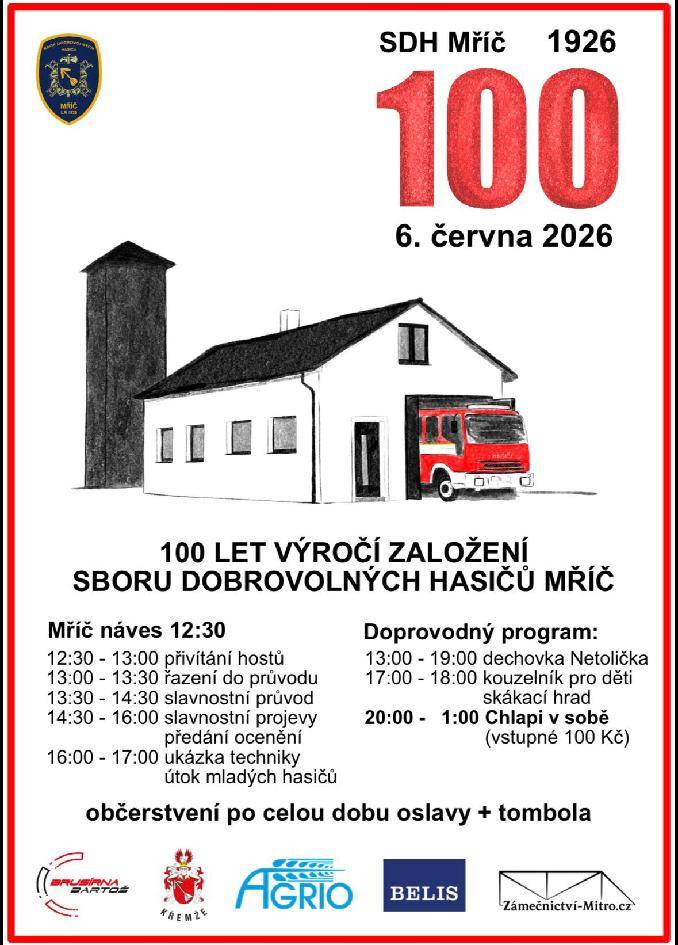 Srdečně zveme na letní slavnost k příležitosti 100 let založení SDH ve Mřičí.