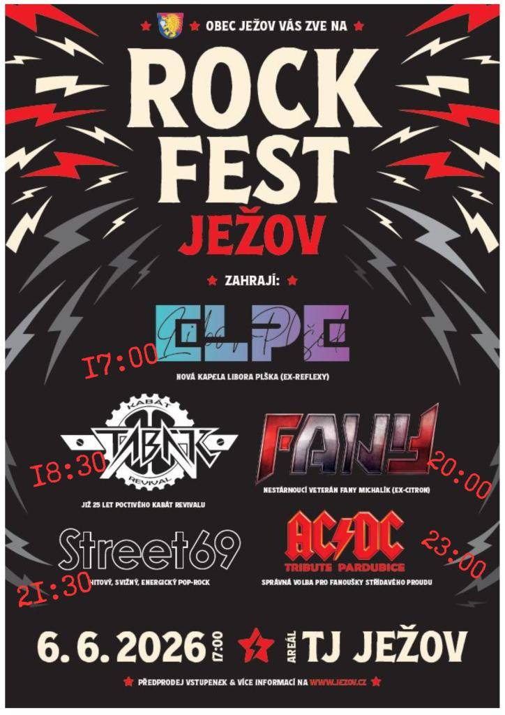 Obec Ježov Vás zve na ROCK FEST v sobotu 6.6.2026 od 17 hodin.