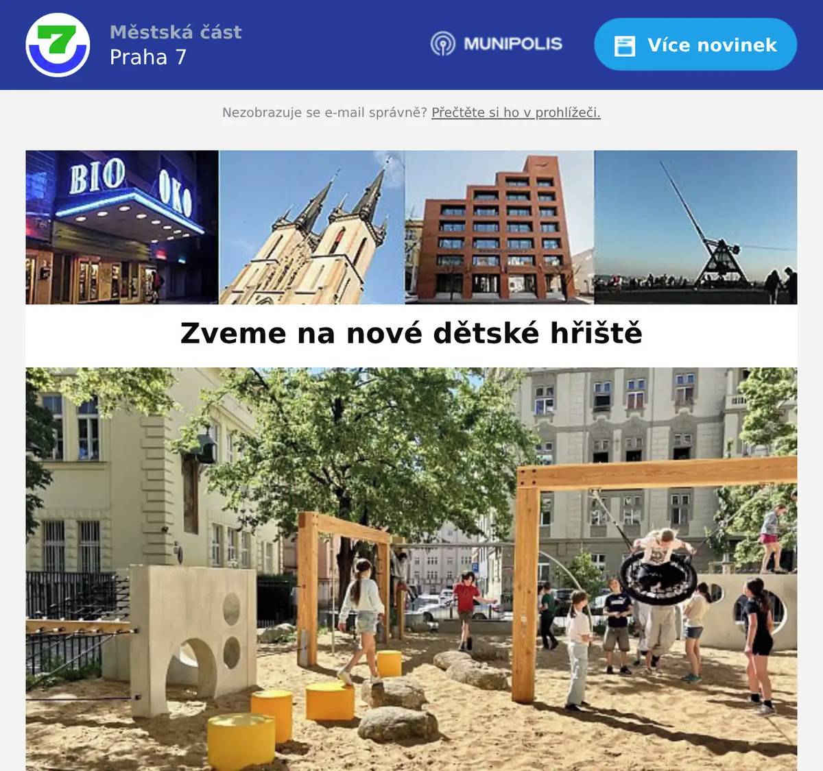 Dnes jsme otevřeli nově zrekonstruované dětské hřiště. Najdete ho vedle FZŠ Umělecká u nedávno otevřeného průchodu, který vede z ulice U Studánky k lávce Pavla Jurkoviče a dále k vlakové zastávce Praha-Výstaviště a do Stromovky. Hřiště prošlo kompletní rekonstrukcí, dostalo novou podobu, vybavení a herní prvky. Děti se mohou těšit na sestavu zídek s lany a sítěmi, houpačku, prolézačky, skluzavku i zemní trampolíny. Hřiště je veřejnosti otevřeno každý den od 8 do 20 hodin (mimo sezonu od 9 do 18 hodin), pouze od pondělí do čtvrtka mezi 14. až 16. hodinou je vyhrazeno přednostně pro školní družinu. Přijďte ho s dětmi vyzkoušet!