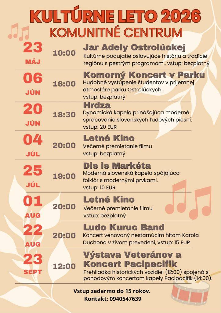 V prílohe je zverejnený program kultúrnych akcií, ktoré sa budú konať v Komunitnom centre v Ostrej Lúke v roku 2026.