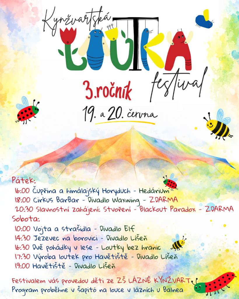 Festival Kynžvartská LOU(T)KA se koná ve dnech 19. a 20. června 2026. Festival proběhne v šapitó na louce v lázních u Balnea.