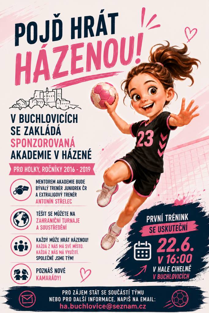 V Buchlovicích se zakládá sponzorovaná akademie v házené pro holky ročníky 2016 - 2019, první trénink 22.6.2026 v hale CIHELNA