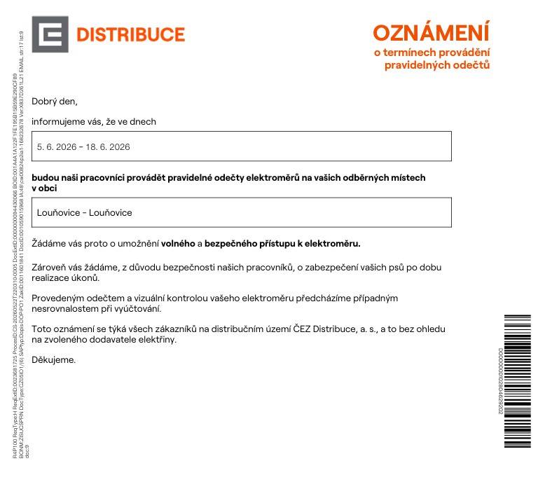 V rámci zajištění spolehlivé a kvalitní dodávky elektřiny do vašich domovů provádí ČEZ distribuce pravidelnou kontrolu a servis vašeho zařízení včetně elektroměru, kde zajišťuje také jeho odečet. Odečtené hodnoty zasílá vašemu vybranému dodavateli zajišťujícímu prodej elektřiny pro vystavení faktury