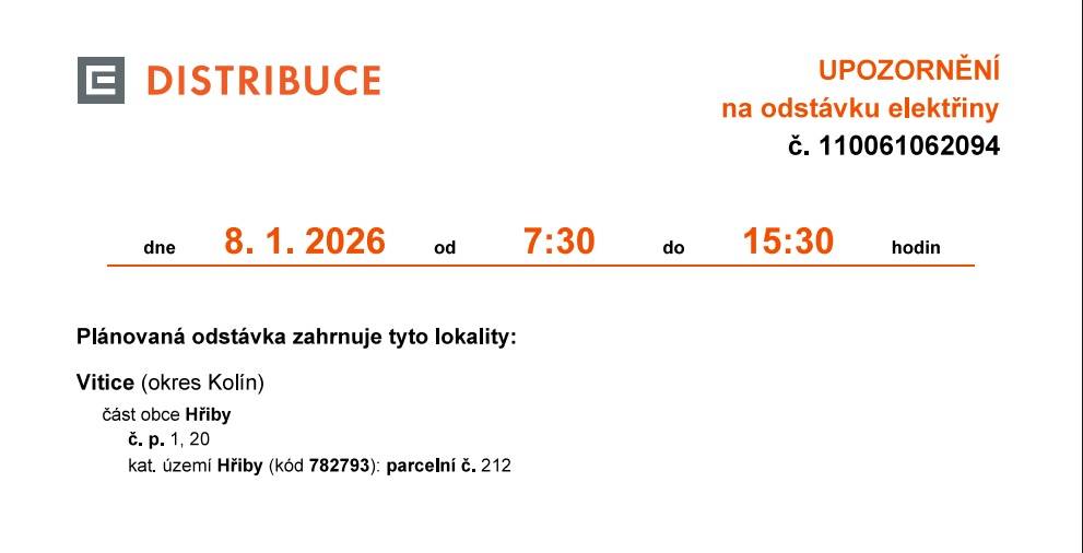 ODSTÁVKA ELEKTŘINY HŘIBY 8.1.2026