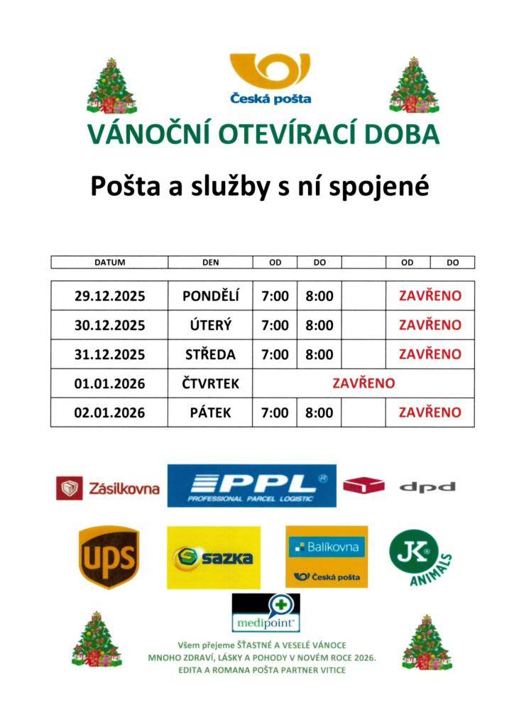 OTEVÍRACÍ DOBA POŠTY PARTNER VITICE O VÁNOCÍCH A TÝDEN PO NOVÉM ROCE
