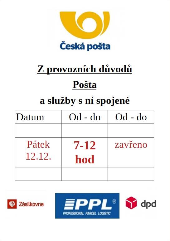 AKTUÁLNÍ ZMĚNY - POŠTA PARTNER VITICE  DNES ODPOLEDNE ZAVŘENO