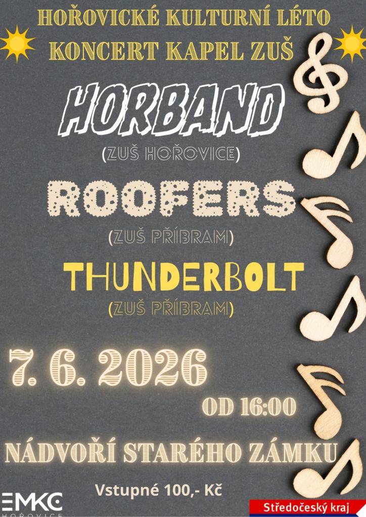 Koncert kapel ZUŠ Hořovice a ZUŠ Příbram.  Muzikantské mládí to rozjede.  Vstupné 100 Kč.