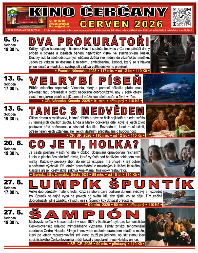 V příloze naleznete program kina v Čerčanech na červen 2026. Přijďte se podívat na zajímavé filmy a podpořit naše lokální kino.