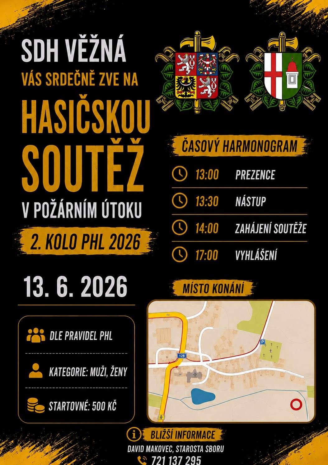 SDH Věžná vás srdečně zve na hasičskou soutěž v požárním útoku - 2. kolo PHL 2026. Akce se uskuteční v sobotu 13. 6. 2026 od 13:30 hodin u koupaliště. Občerstvení zajištěno. Přijďte podpořit domácí reprezentanty!