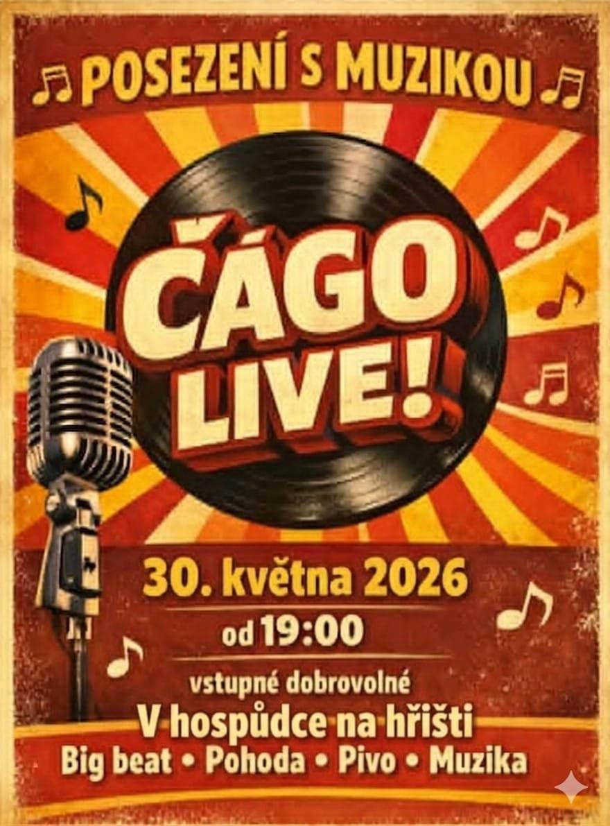 Hospůdka na hřišti srdečně zve na sobotní večer s živou muzikou. Dne 30. května 2026 od 19 hodin zde zahraje Čágo. Přijďte si užít pohodovou atmosféru, posedět s přáteli a zpříjemnit si konec týdne při dobré muzice.  Vstupné je dobrovolné.  Těšíme se na vás v Hospůdce na hřišti
