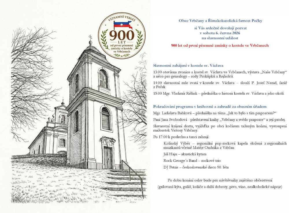 Obec Vrbčany zve na oslavy 900 let od první písemné zmínky o kostele ve Vrbčanech, která se uskuteční v sobotu 6. června 2026. Program začne v 13:00 u kostela sv. Václava a pokračuje od 17 hodin na zahradě obecního úřadu.