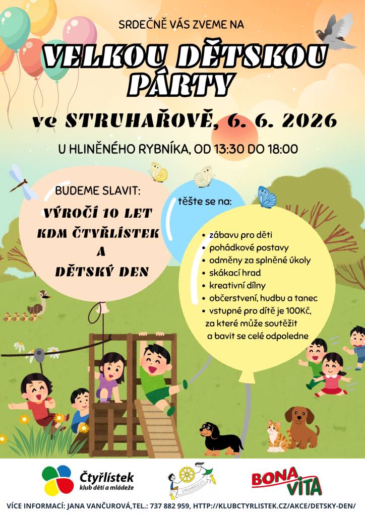 Přijďte oslavit Dětský den v Struhařově, který se koná 6. června 2026 od 13:30 do 18:00 u Hliněného rybníka. Pro děti je připravena zábava v podobě pohádkových postav, skákacího hradu, kreativních dílen a soutěží. Vstupné pro dítě je 100 Kč, za které se mohou účastnit všech aktivit a soutěží.