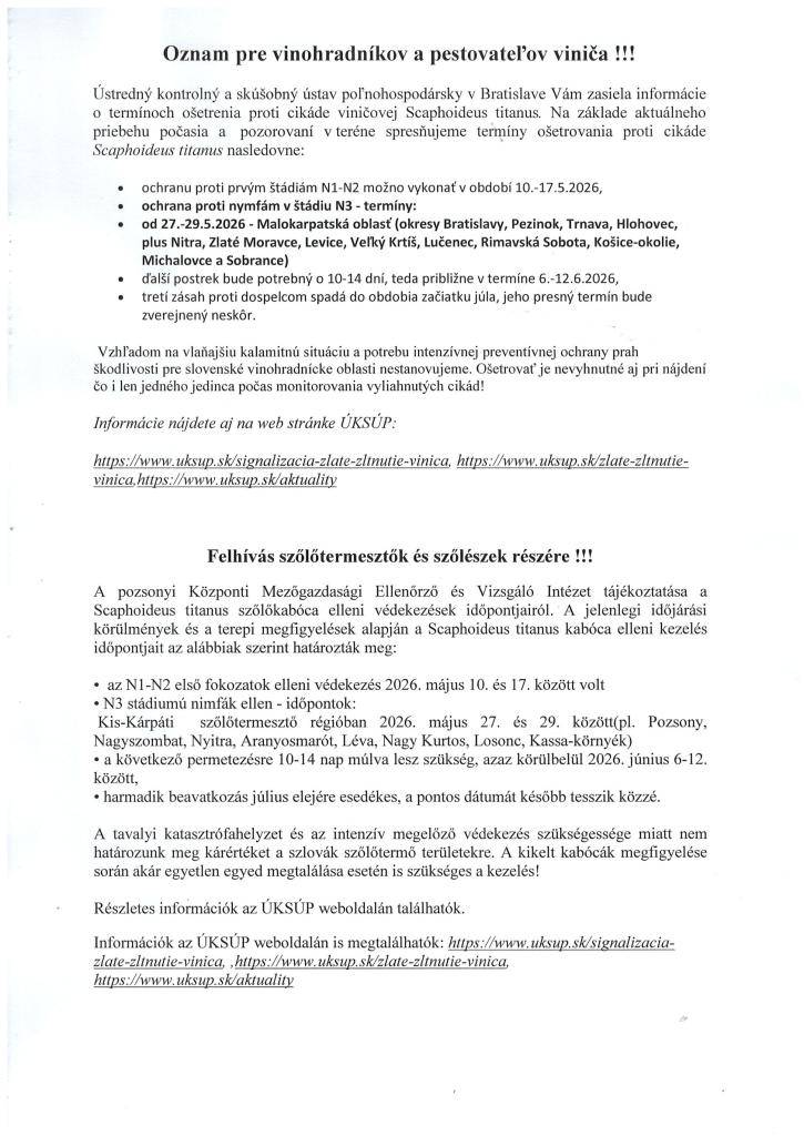 Oznam pre vinohradníkov a pestovateľov viniča- Felhívás a szolotermesztok és szolészek részére