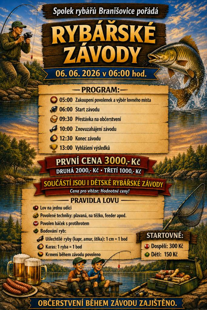 Spolek rybářů Branišovice vás srdečně zve na Rybářské závody, které se konají v sobotu 6.6.2026 od 6:00 na rybníčku Kačák. Součástí jsou i dětské rybářské závody. Startovné dospělí 300 Kč, děti 150 Kč. Na vítěze čekají hodnotné ceny, občerstvení zajištěno.