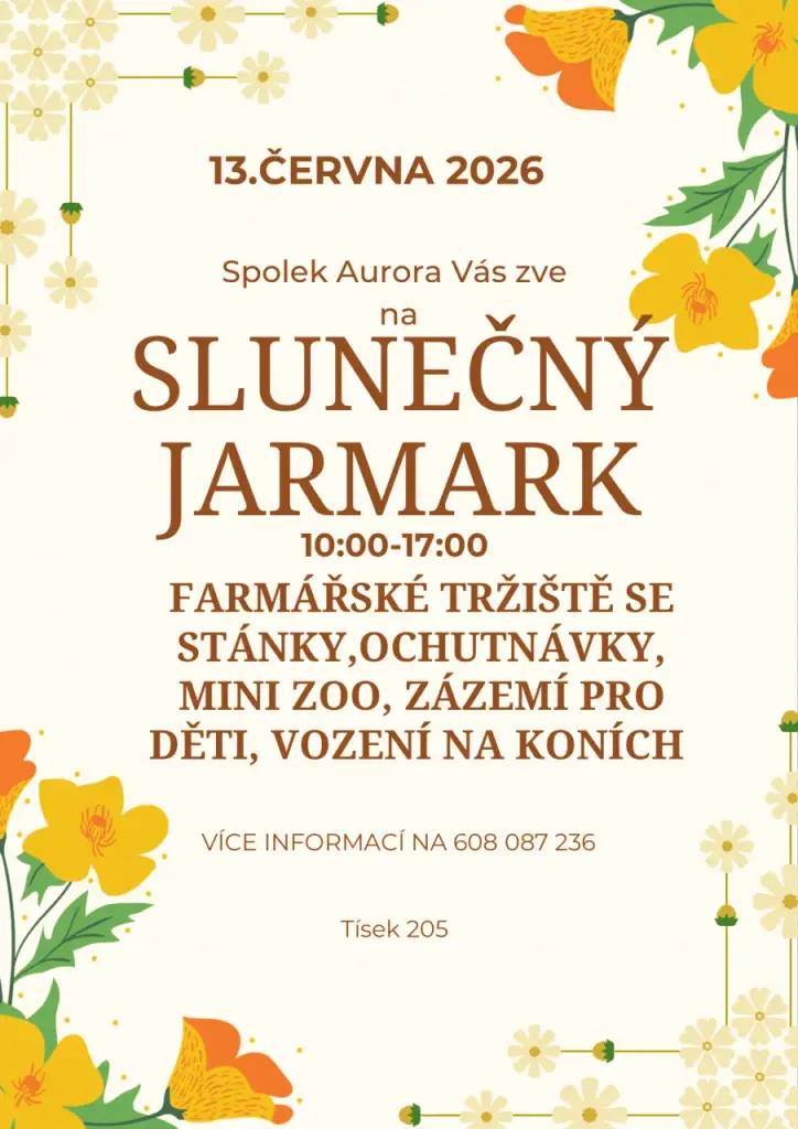 Spolek Aurora vás srdečně zve na Slunečný jarmark, který se uskuteční v příjemném prostředí u koní v Tísku.