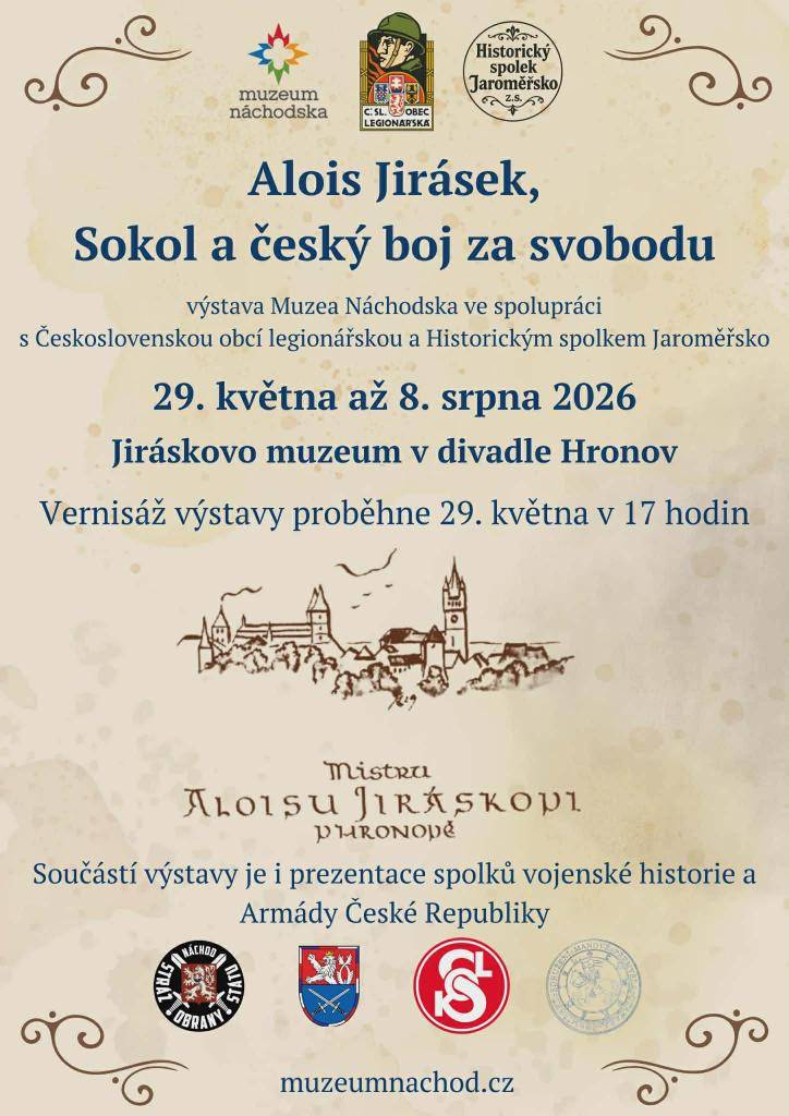 Muzeum Náchodska ve spolupráci s Československou obcí legionářskou a Historickým spolkem Jaroměřsko pořádá výstavu věnovanou Aloisi Jiráskovi a českému boji za svobodu. Vernisáž výstavy se uskuteční 29. května 2026 v Jiráskově muzeu v divadle Hronov.