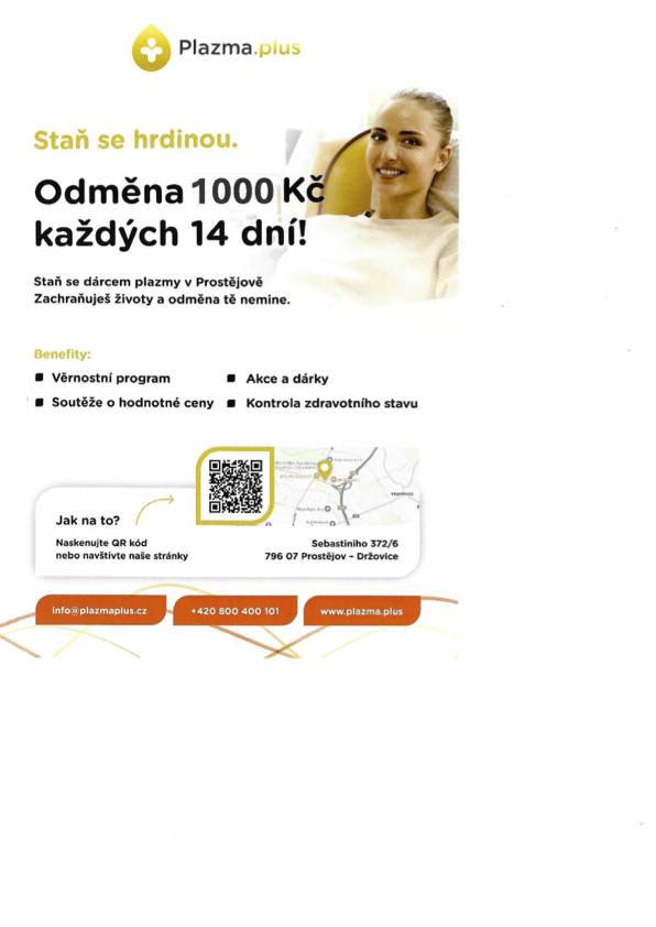 Plazma.plus Prostějov hledá nové dárce krevní plazmy. Dárcovství pomáhá zachraňovat životy a zároveň je spojeno s finanční odměnou 1 000 Kč každých 14 dní.