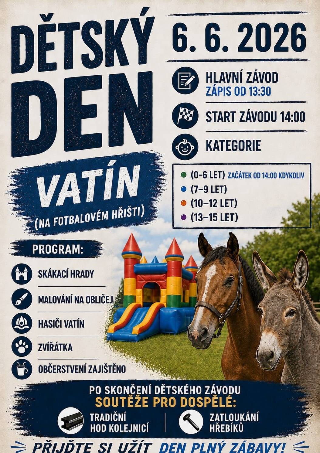 Ve Vatíně na hřišti se v sobotu 6.6.2026 bude konat tradiční Dětský den. Všichni jsou srdečně zváni.