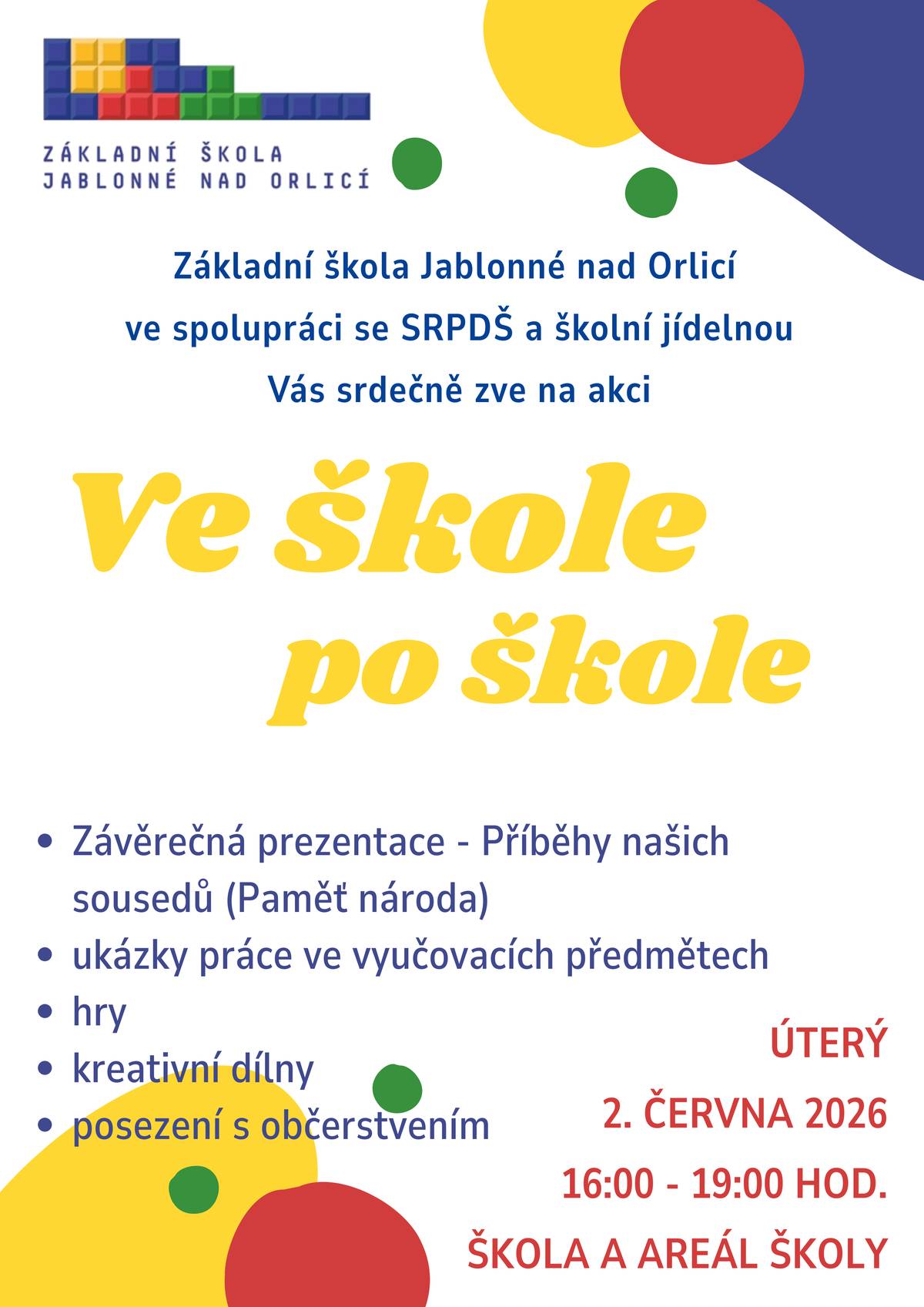 Základní škola zve v úterý 2. června na akci Ve škole po škole, která v sobě zahrnuje ukázky práce ve vyučovacích předmětech, hry, kreativní dílny, posezení s občerstvením... Součástí letošní akce je i prezentace Příběhů našich sousedů, konkrétně životního příběhu paní Marie Svobodové, jejíž bohatý život zmapovali žáci v rámci projektu Paměti národa. Tato prezentace se uskuteční v 17.15 h.