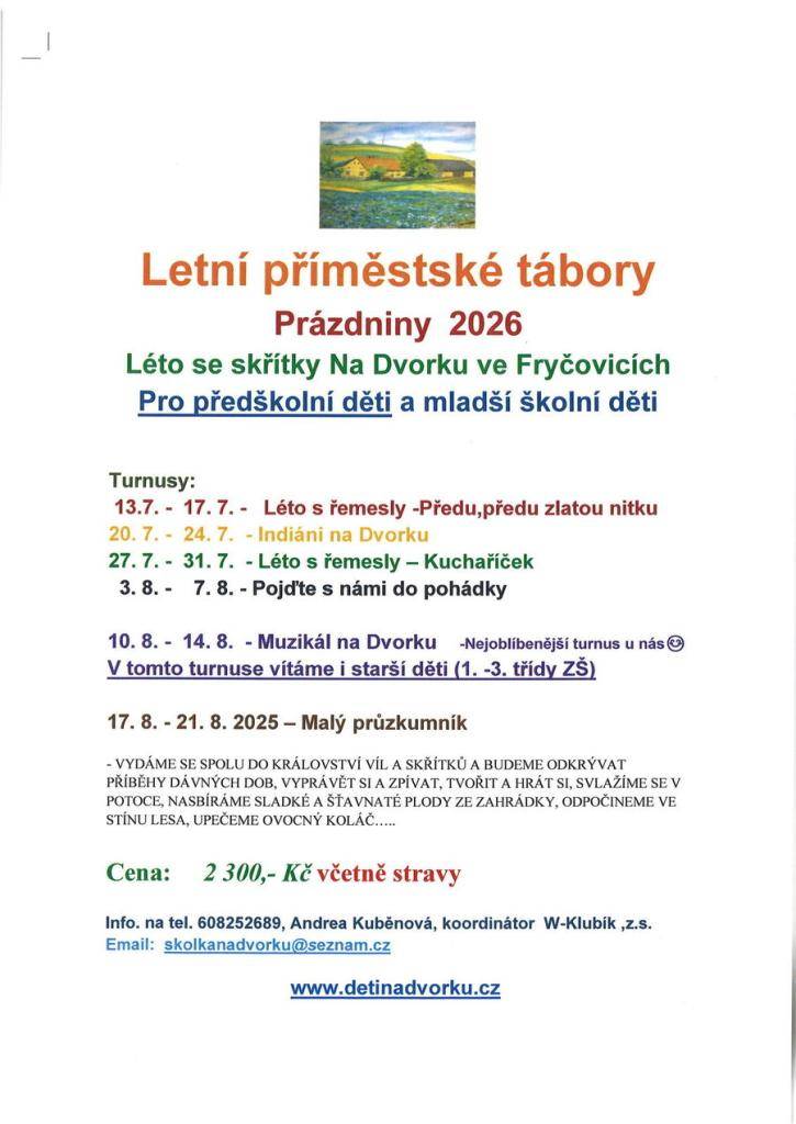 Prázdniny 2026    Léto se skřítky Na Dvorku ve Fryčovicích  Pro předškolní děti a mladší školní děti