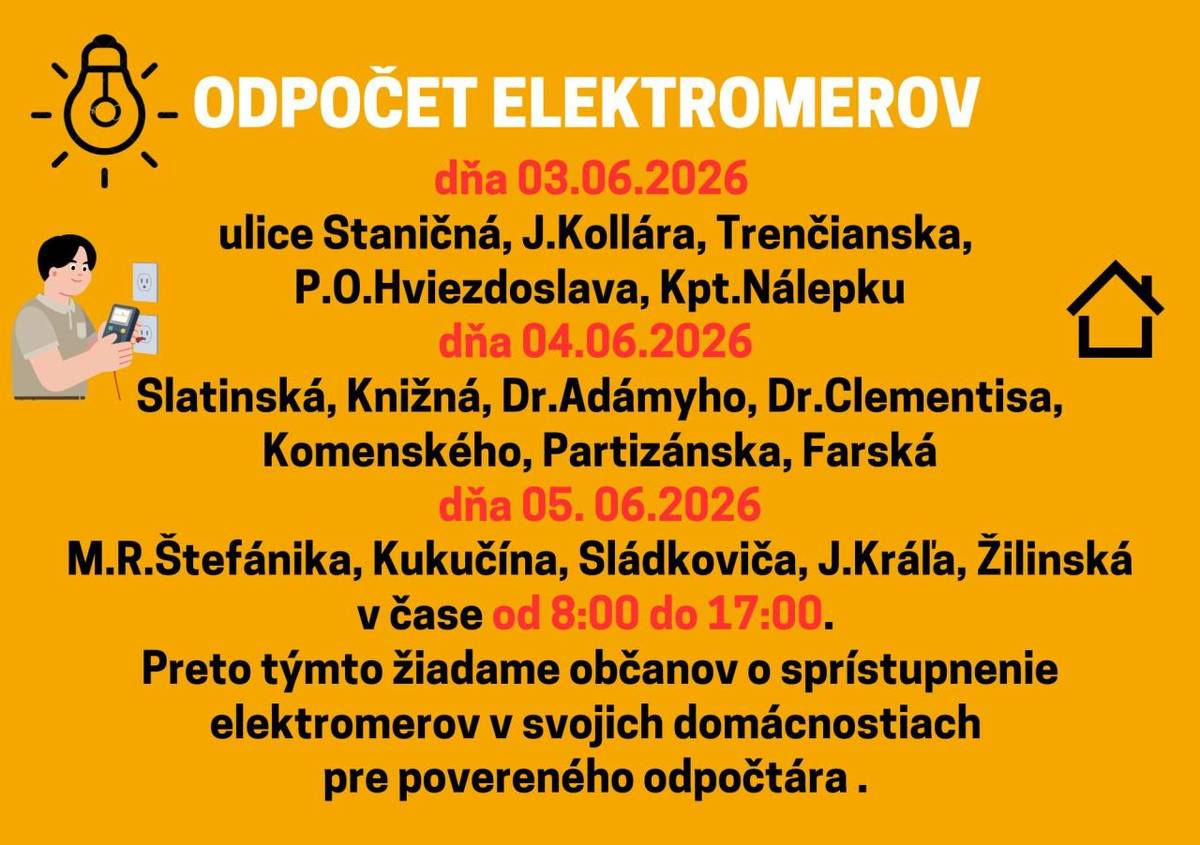V dňoch 03.-05.06.2026 v čase od 8.00-17.00 budú pracovníci Stredoslovenskej distribučnej realizovať odpočet elektromerov po jednotlivých uliciach obce Beluša.